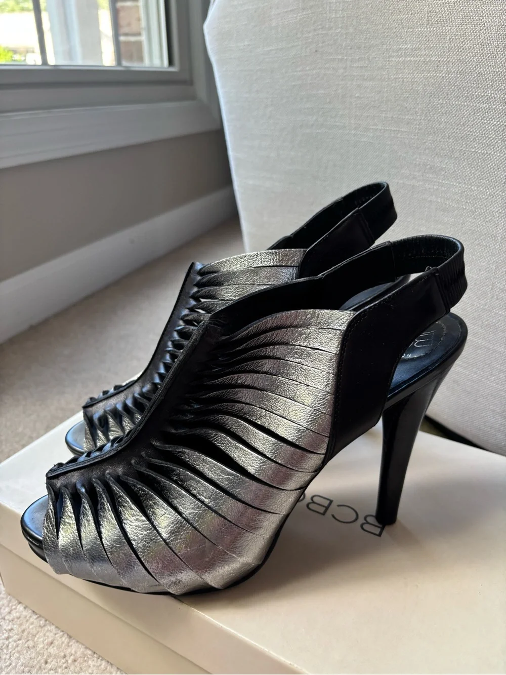 BCBG Women's Metallic Black Strappy High-Heel Sandals